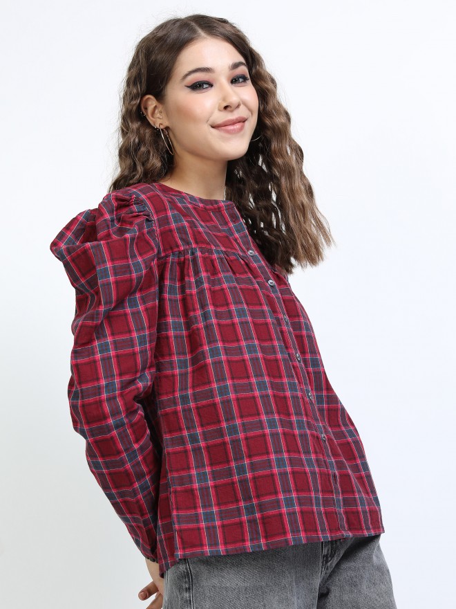 Tokyo Talkies Women Maroon Checked Shirt Style Tops 