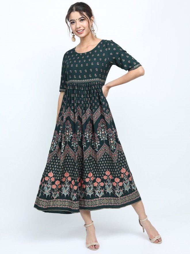 Buy Vishudh Green Printed Curved A-Line Dress for Women Online at Rs ...