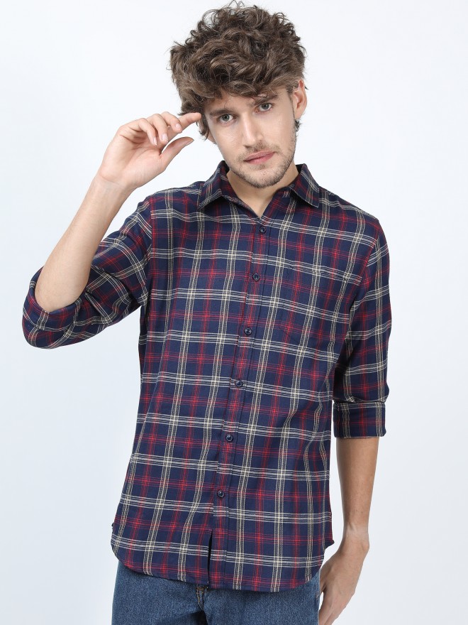 Buy Ketch Navy Blue & Red Slim Fit Checked Casual Shirt for Men Online ...