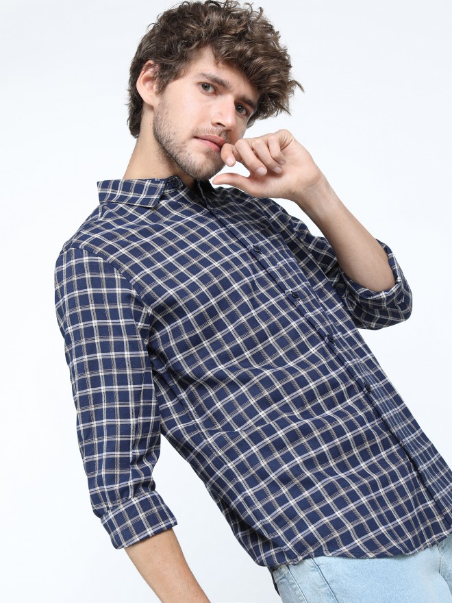 Ketch Men Navy Blue Checked Slim Fit Casual Shirts 