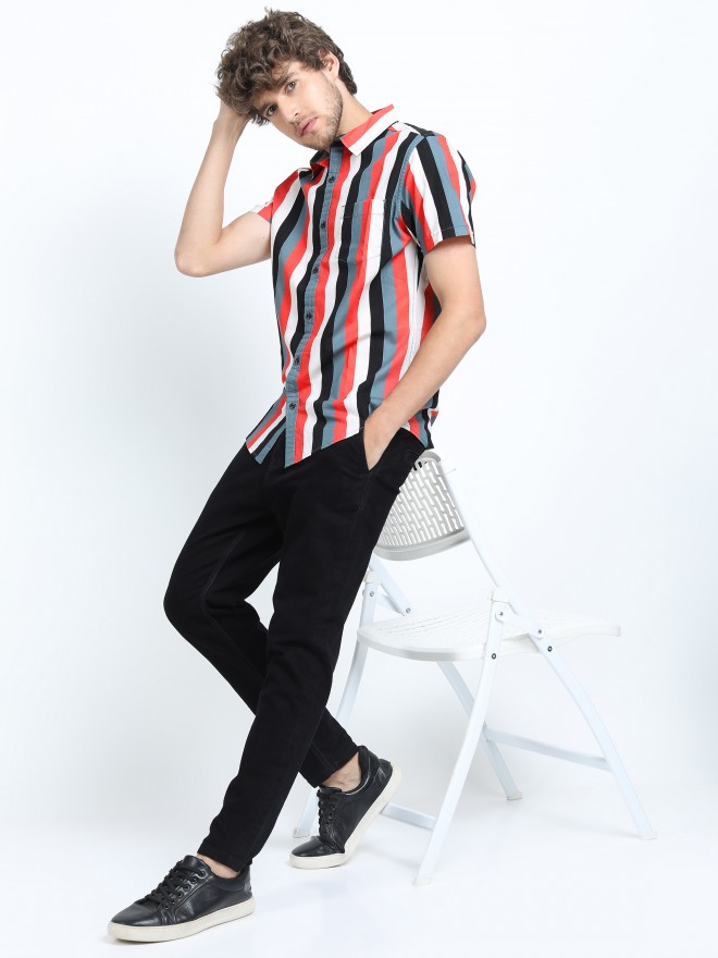 Red Jersey Vertical Stripe Flared Trousers