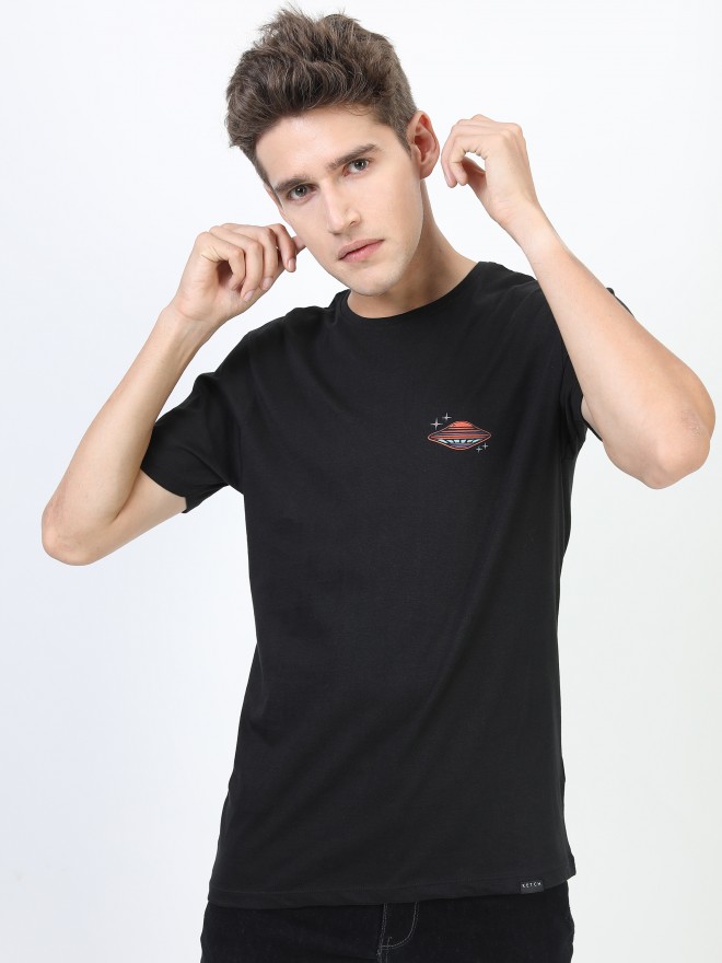 Buy Ketch Jet Black Printed Round Neck Cotton T Shirt For Men Online At