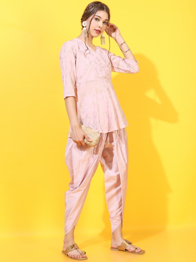 Buy Peach Cotton Printed Dhoti Set with Peplum Top for Girls Online