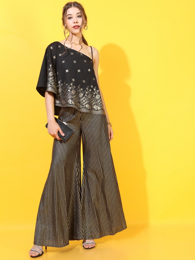Buy Sejal Kamdar Black German Satin Ajrakh Print Jacket Top And Pant Set  Online  Aza Fashions