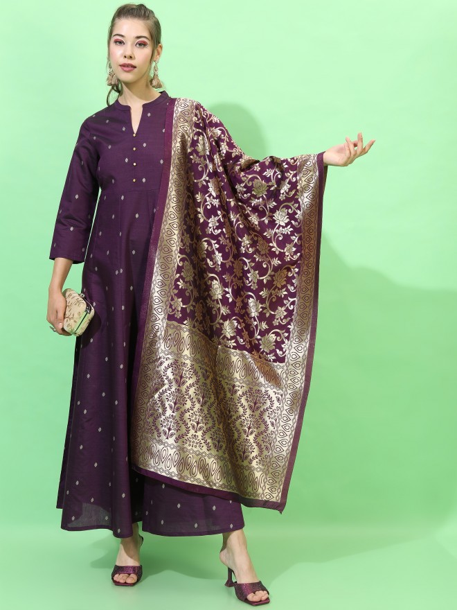 Inddus Women Elegant Burgundy Georgette Shimmer & Sequin Ethnic Dress -  Absolutely Desi