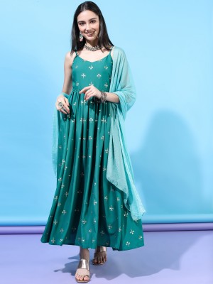 Printed Maxi Dress with Dupatta
