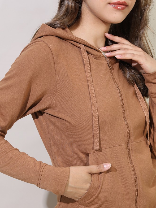 Tokyo Talkies Women Brown Solid Front-Open Hood Sweatshirts 