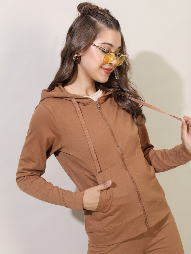 Tokyo Talkies Women Brown Solid Front-Open Hood Sweatshirts 