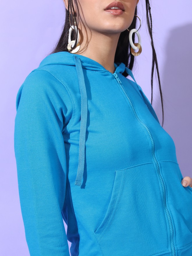 Tokyo Talkies Women Blue Solid Front-Open Hood Sweatshirts 