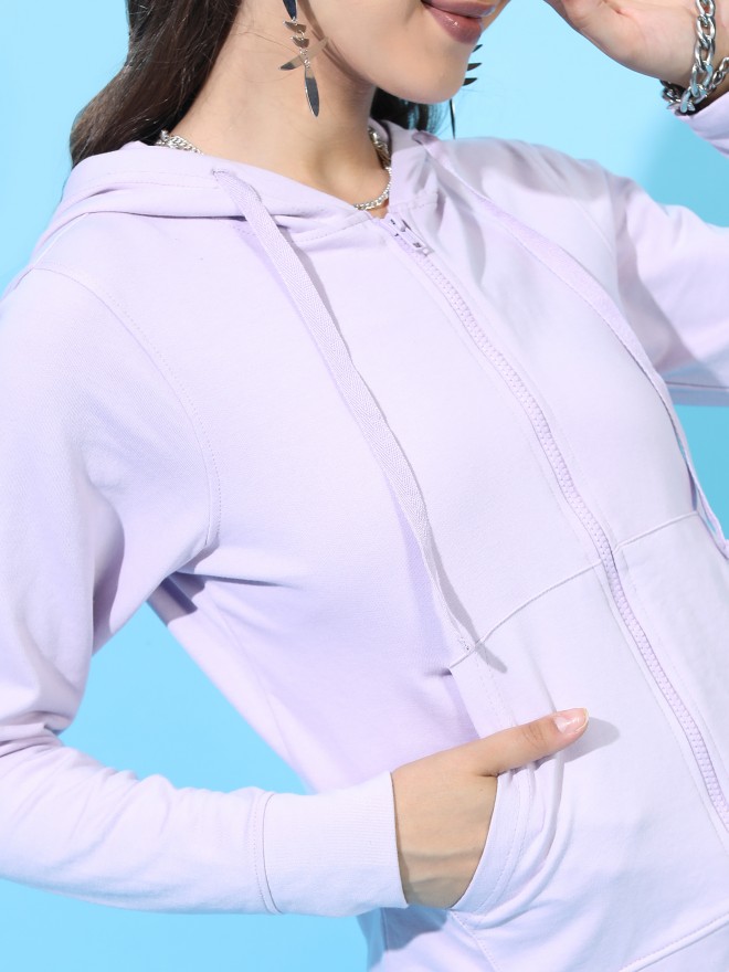 Tokyo Talkies Women Purple Solid Front-Open Hood Sweatshirts 