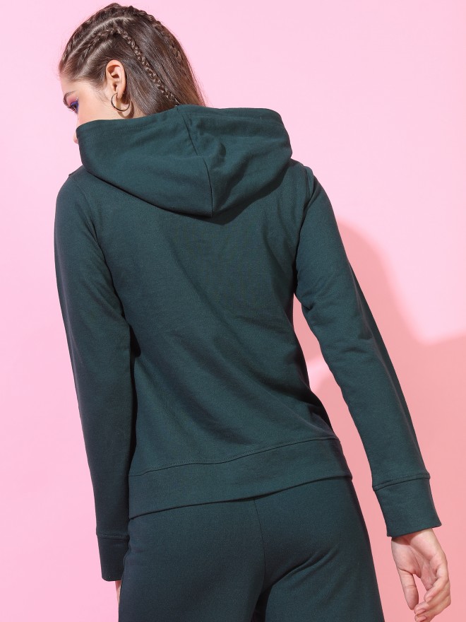 Tokyo Talkies Women Green Solid Front-Open Round Neck Sweatshirts 