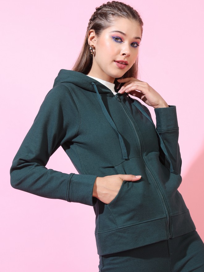 Tokyo Talkies Women Green Solid Front-Open Round Neck Sweatshirts 