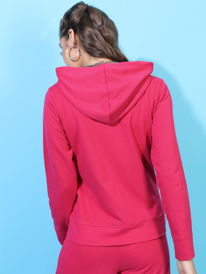 Tokyo Talkies Women Pink Solid Front-Open Hood Sweatshirts 