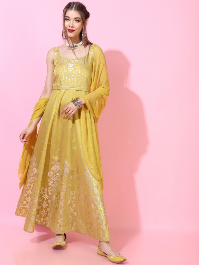 Buy Vishudh Yellow Printed Flared A-Line Dress With Dupatta for Women ...