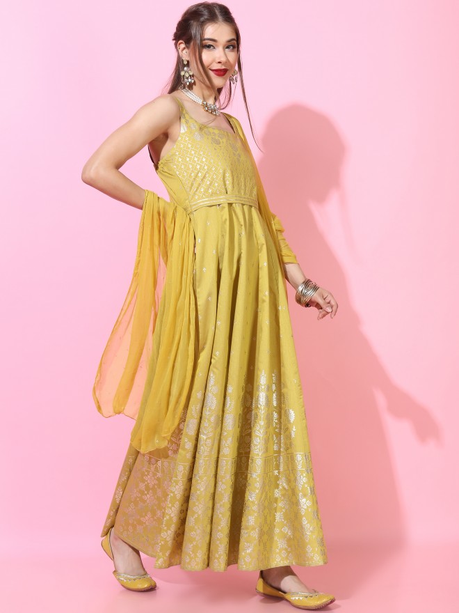 Buy Vishudh Yellow Printed Flared A-Line Dress With Dupatta for Women Online  at Rs.960 - Ketch