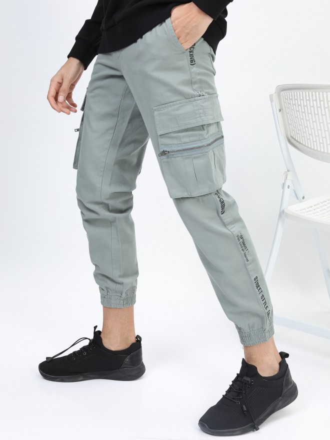 Grey Solid Men Slim Fit Cargo Jogger Pants With Side Packets at Rs