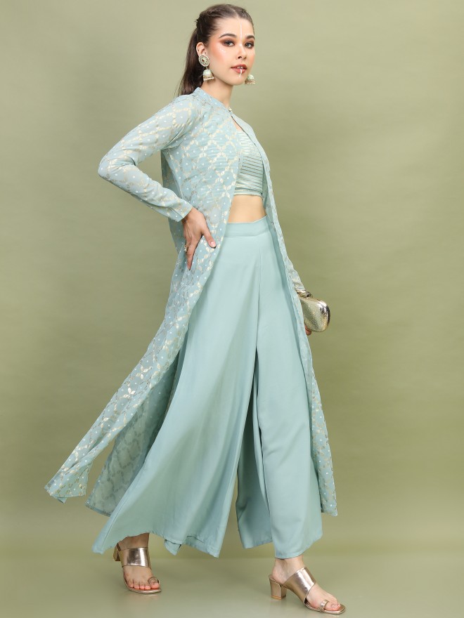 Blue embroidered blouse and palazzo and jacket set available only at IBFW