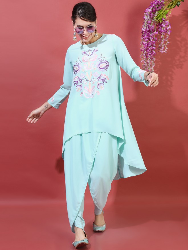 Chaantara Off White Abla Silk Embroidered High Low Kurta With Mustard  Brocade Constructed Pant