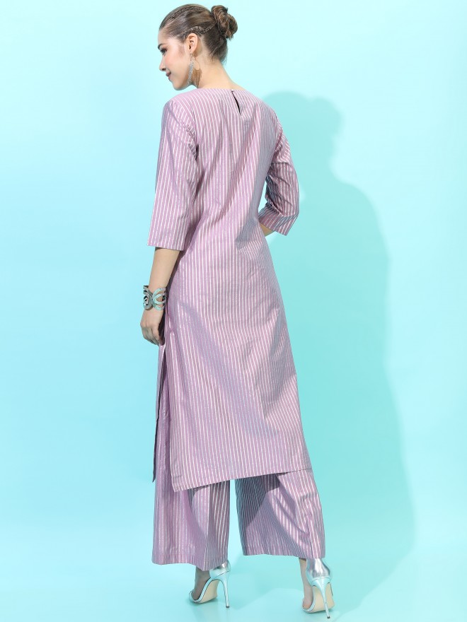 Vishudh Women Purple Striped Kurta Sets 