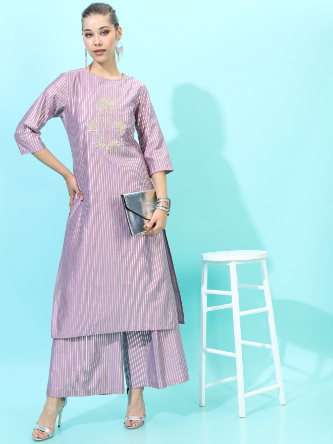 Vishudh Women Purple Striped Kurta Sets 