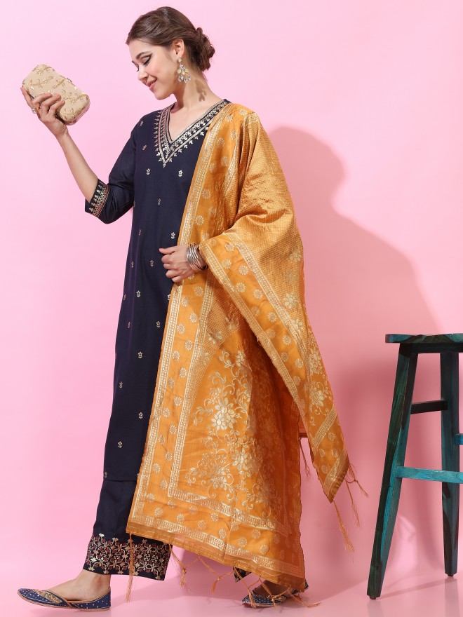 Vishudh Women Navy Blue Printed Kurta Sets 