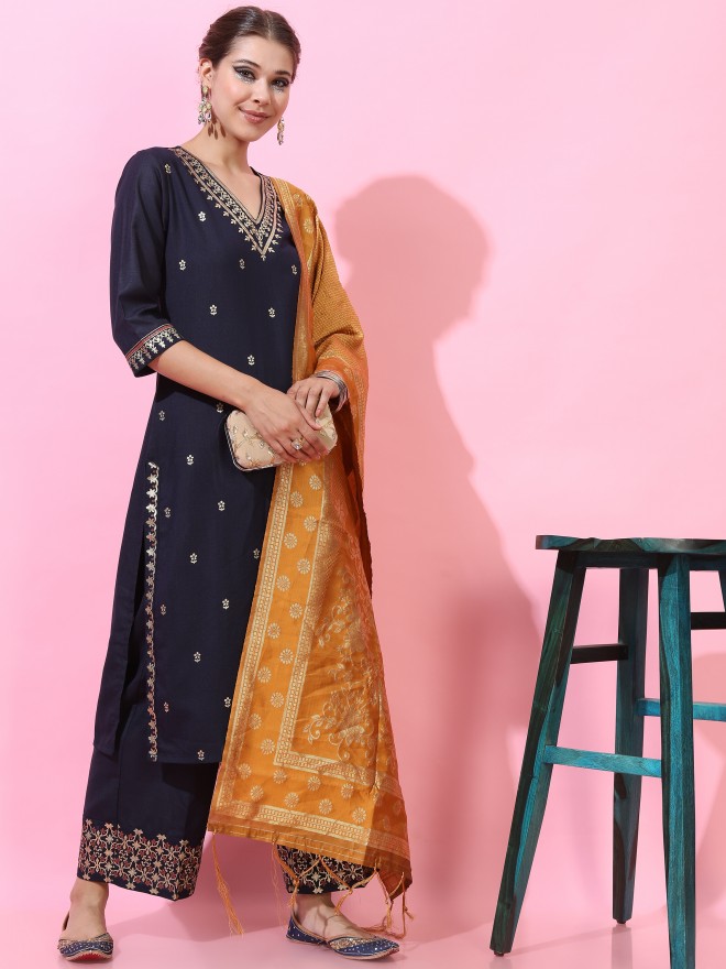 Vishudh Women Navy Blue Printed Kurta Sets 