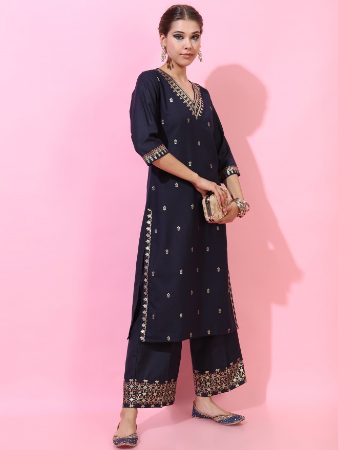 Vishudh Women Navy Blue Printed Kurta Sets 