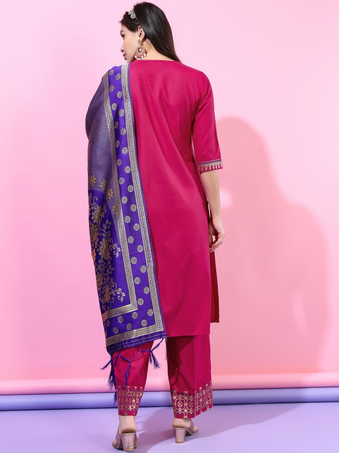 Buy Vishudh Pink Ethnic Motifs Printed Kurta With Palazzo And Dupatta ...