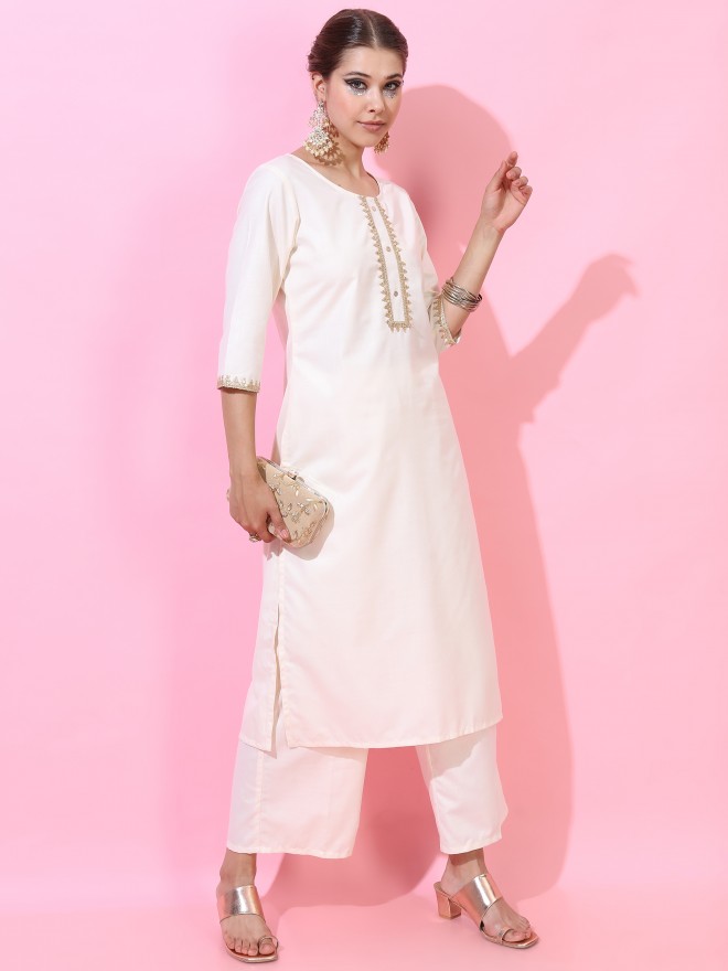 Vishudh Women Cream Printed Kurta Sets 