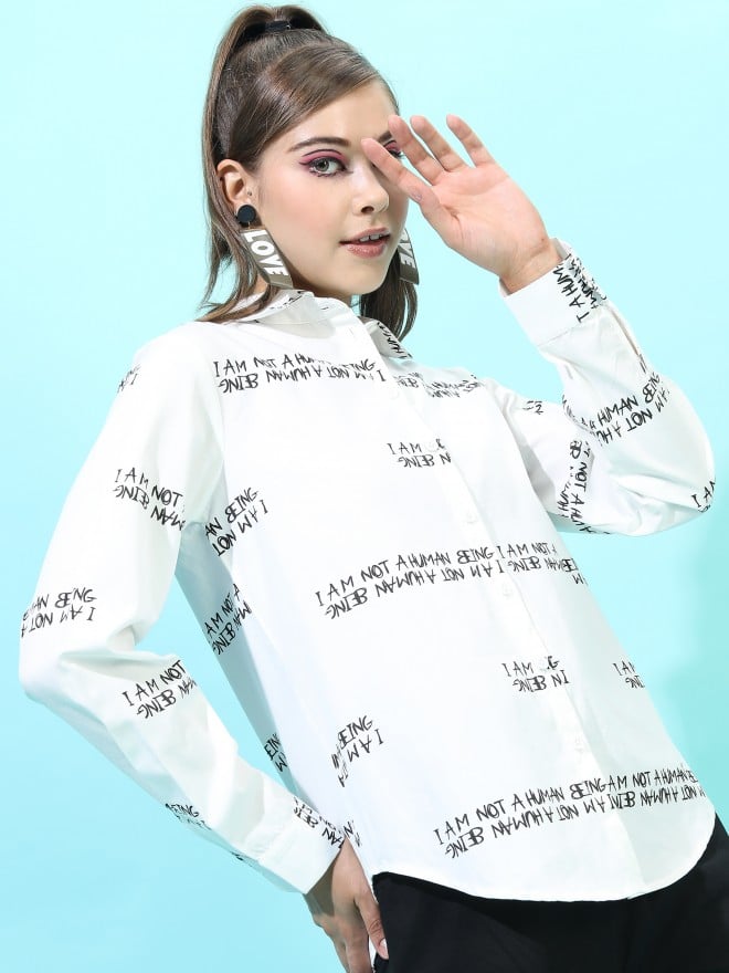 Tokyo Talkies Women White Printed Casual Shirts 