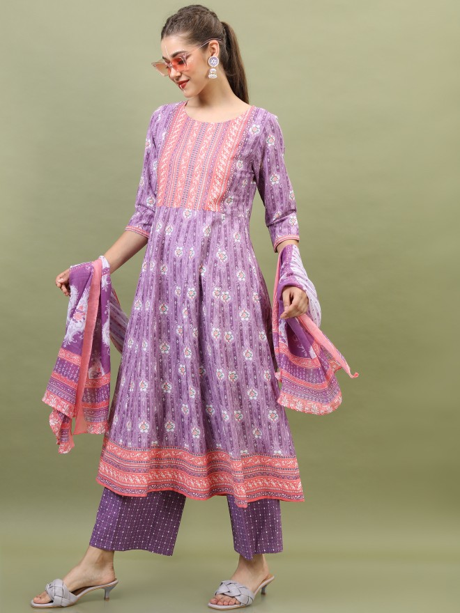 Vishudh Women Lavender Printed Kurta Sets 