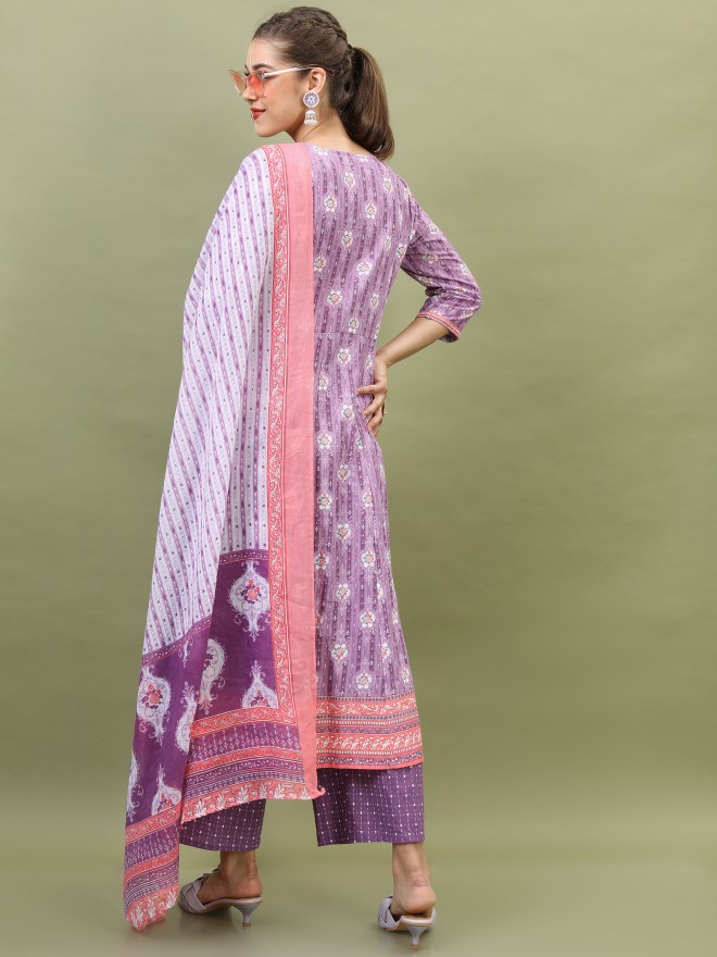 Vishudh Women Lavender Printed Kurta Sets 