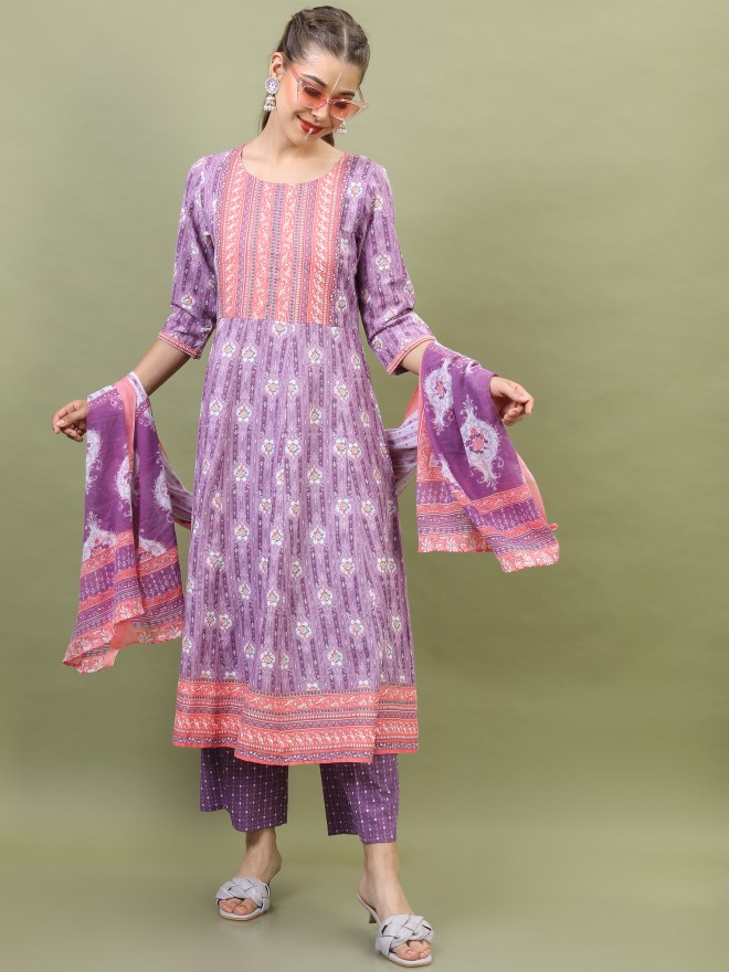 Vishudh Women Lavender Printed Kurta Sets 