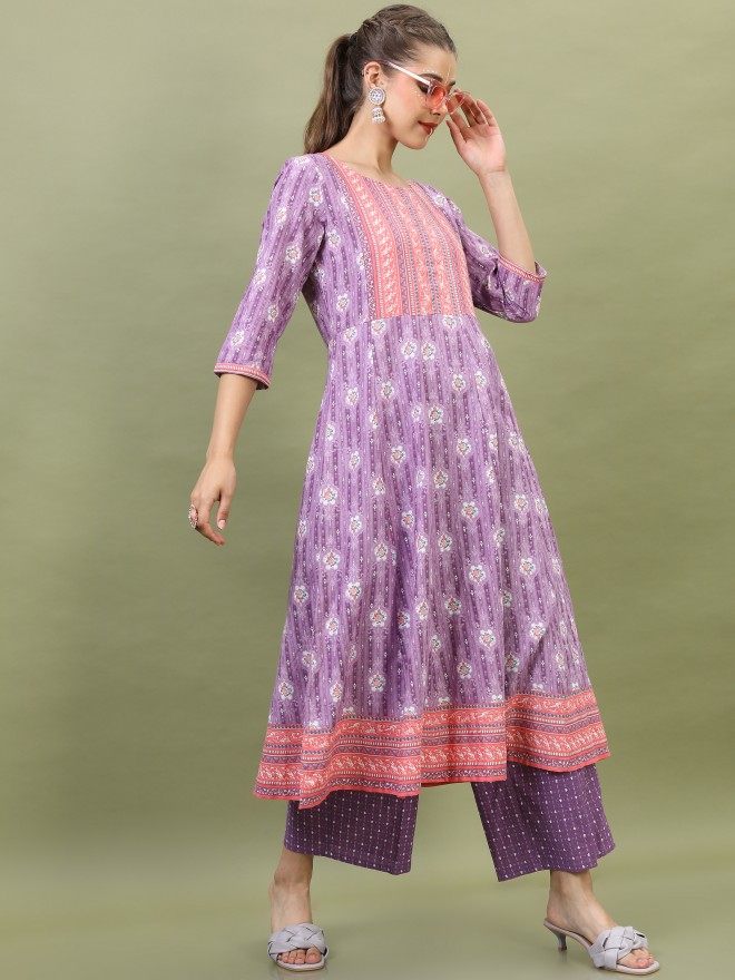 Vishudh Women Lavender Printed Kurta Sets 