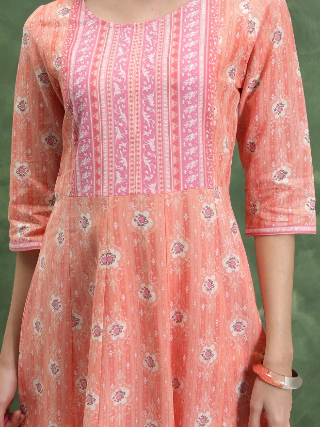 Buy Vishudh Peach Pink Printed Kurta With Palazzo And Dupatta For Women