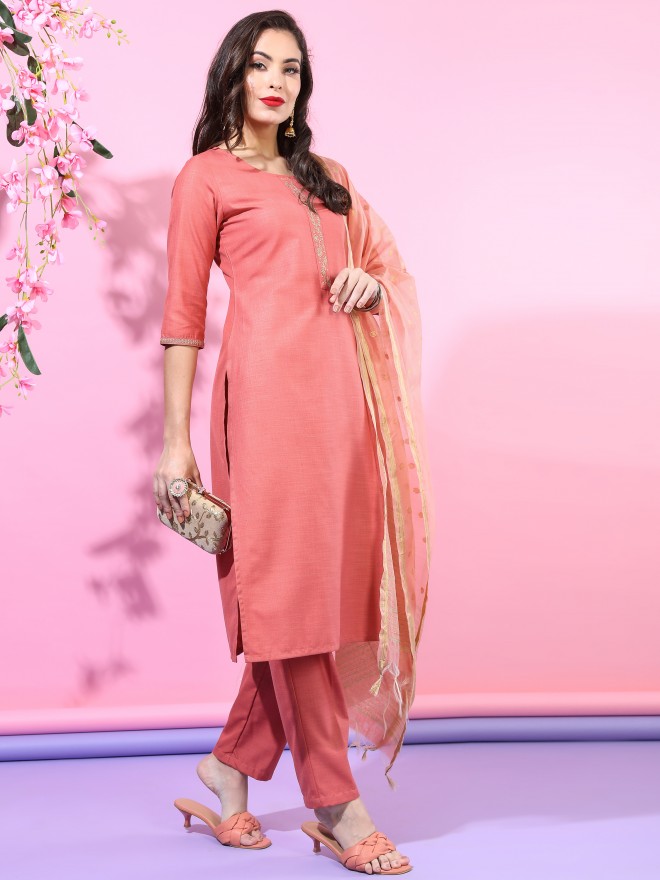 Vishudh Women Peach Printed Kurta Sets 