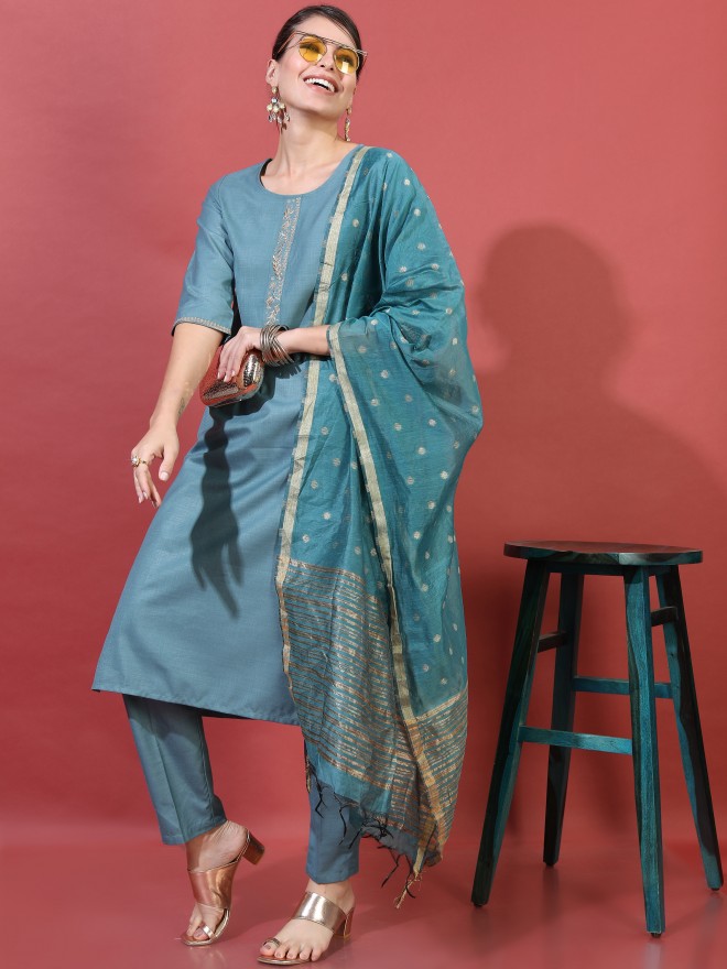 Straight style Cotton fabric Turquoise Blue color Printed kurti with Thread  & Mirror work with Bottom & Dupatta