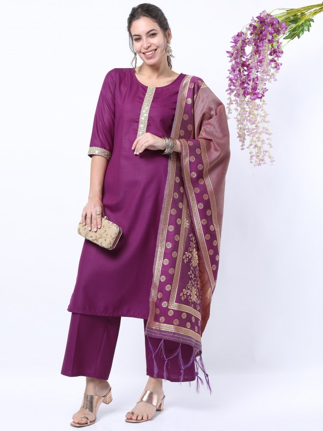 Ketch Women Purple Printed Kurta Sets 