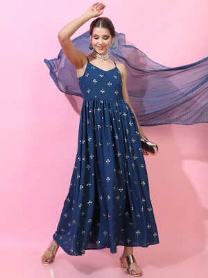 Vishudh Women Blue Printed Maxi Dress With Dupatta