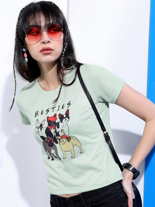 Tokyo Talkies Women Green Printed Round Neck T-Shirts 