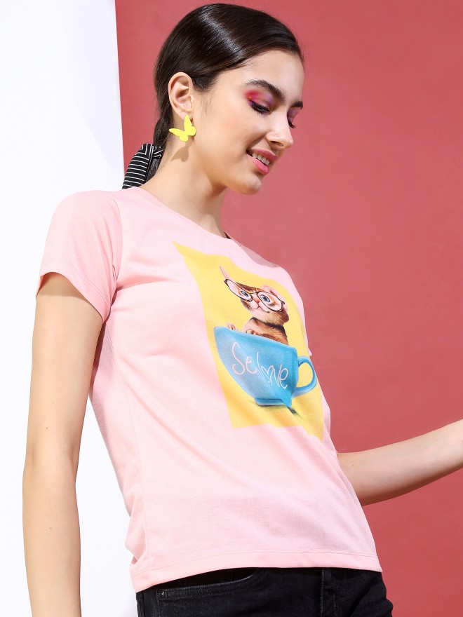 Tokyo Talkies Women Pink Printed Round Neck T-Shirts 