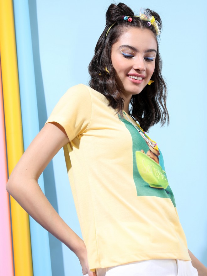 Tokyo Talkies Women Yellow Printed Round Neck T-Shirts 