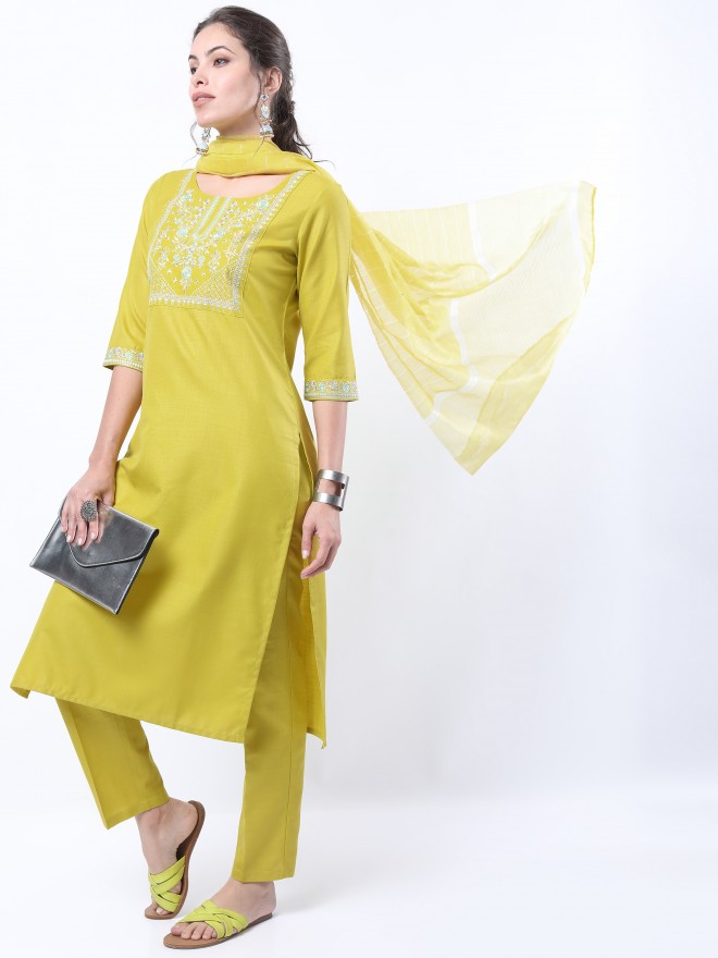 Buy Ketch Lime Green Embroidered Straight Kurta With Trouser And ...