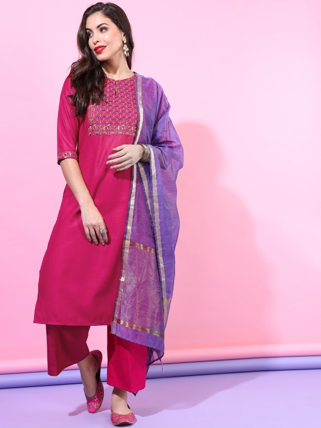 Buy Vishudh Fuschia Embroidered Straight Kurta With Cropped Palazzo And ...