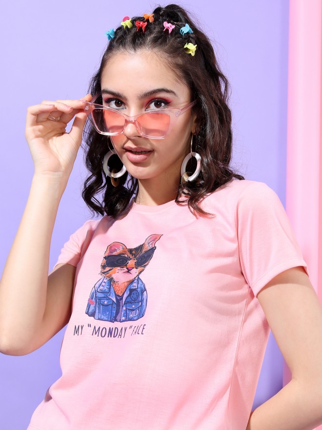 Buy Tokyo Talkies Pink Slim Fit Printed T-Shirt for Women Online at Rs ...