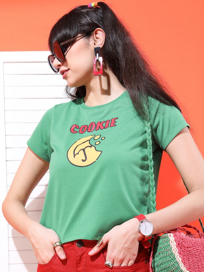 Tokyo Talkies Women Green Printed Round Neck T-Shirts 