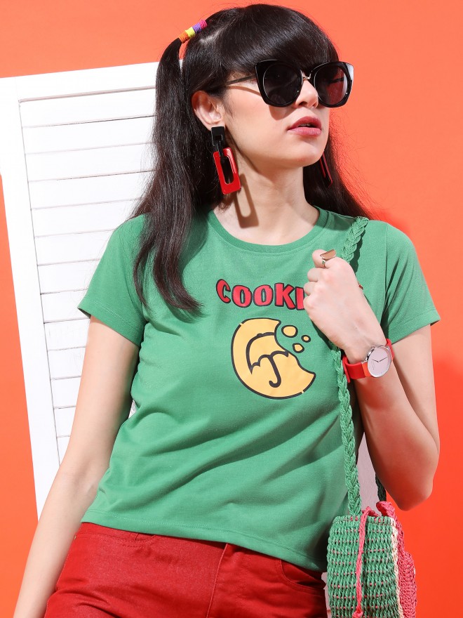 Tokyo Talkies Women Green Printed Round Neck T-Shirts 