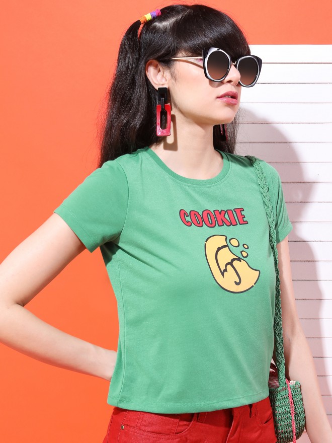 Tokyo Talkies Women Green Printed Round Neck T-Shirts 