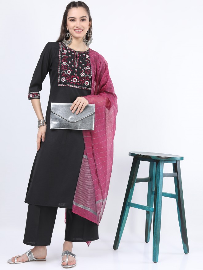 Black Jewel Foil Printed Floorlength Kurti with Pink Banarsi Dupatta -  anokherang - 3132041