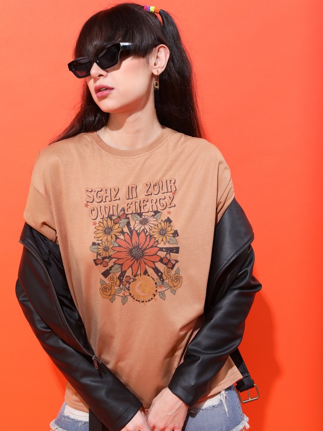 Buy Tokyo Talkies Camel Brown Oversized Printed T-Shirt for Women